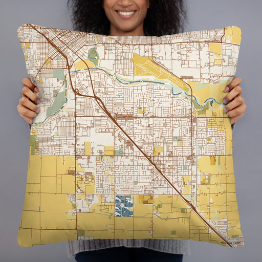 Person holding 22x22 Custom Ceres California Map Throw Pillow in Woodblock