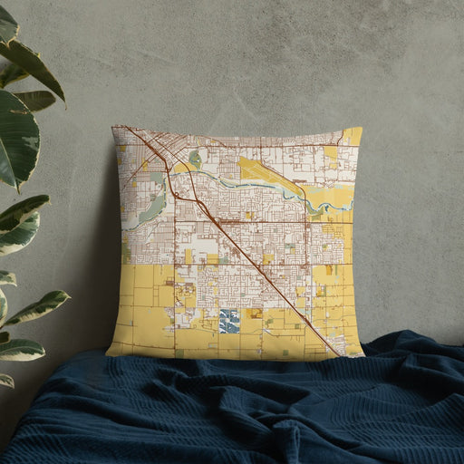 Custom Ceres California Map Throw Pillow in Woodblock on Bedding Against Wall