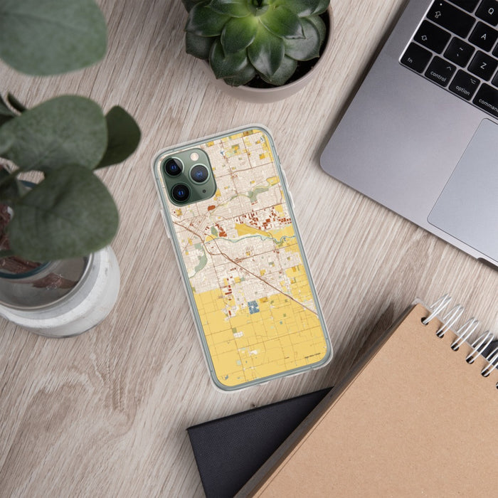 Custom Ceres California Map Phone Case in Woodblock on Table with Laptop and Plant