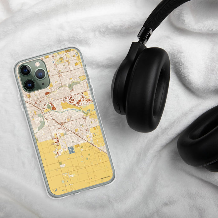 Custom Ceres California Map Phone Case in Woodblock on Table with Black Headphones