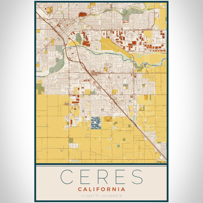 Ceres California Map Print Portrait Orientation in Woodblock Style With Shaded Background