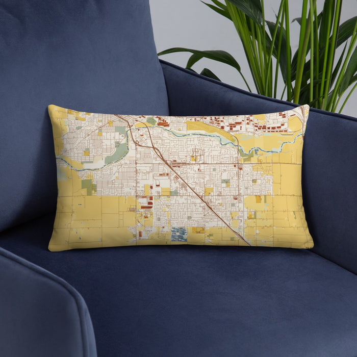 Custom Ceres California Map Throw Pillow in Woodblock on Blue Colored Chair
