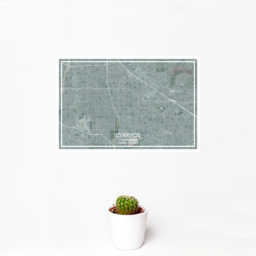 12x18 Cerritos California Map Print Landscape Orientation in Afternoon Style With Small Cactus Plant in White Planter