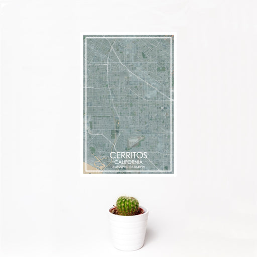 12x18 Cerritos California Map Print Portrait Orientation in Afternoon Style With Small Cactus Plant in White Planter