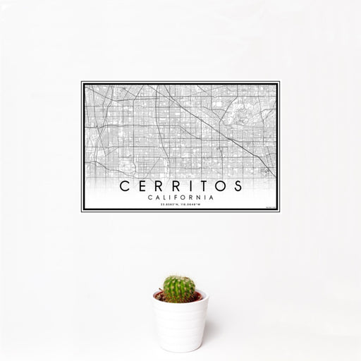 12x18 Cerritos California Map Print Landscape Orientation in Classic Style With Small Cactus Plant in White Planter