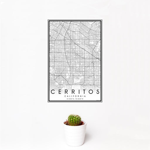 12x18 Cerritos California Map Print Portrait Orientation in Classic Style With Small Cactus Plant in White Planter