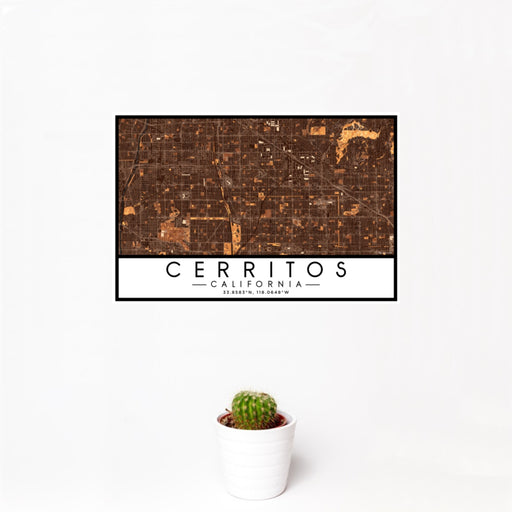 12x18 Cerritos California Map Print Landscape Orientation in Ember Style With Small Cactus Plant in White Planter