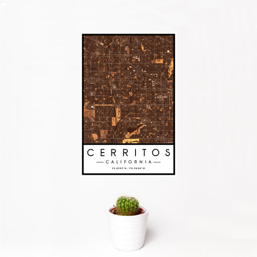 12x18 Cerritos California Map Print Portrait Orientation in Ember Style With Small Cactus Plant in White Planter