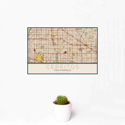 12x18 Cerritos California Map Print Landscape Orientation in Woodblock Style With Small Cactus Plant in White Planter
