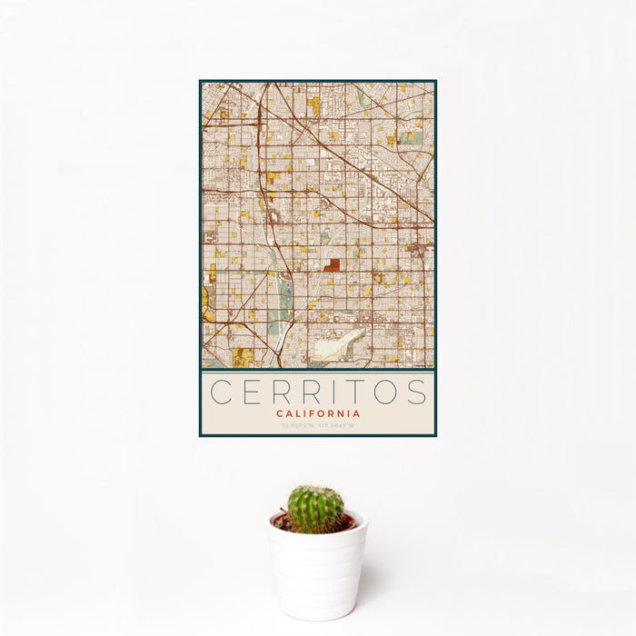 12x18 Cerritos California Map Print Portrait Orientation in Woodblock Style With Small Cactus Plant in White Planter