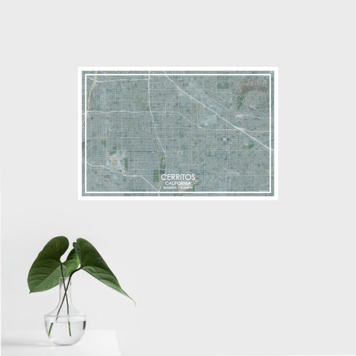 16x24 Cerritos California Map Print Landscape Orientation in Afternoon Style With Tropical Plant Leaves in Water