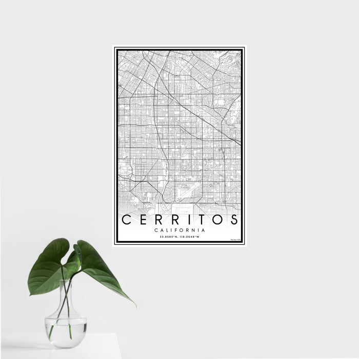 16x24 Cerritos California Map Print Portrait Orientation in Classic Style With Tropical Plant Leaves in Water