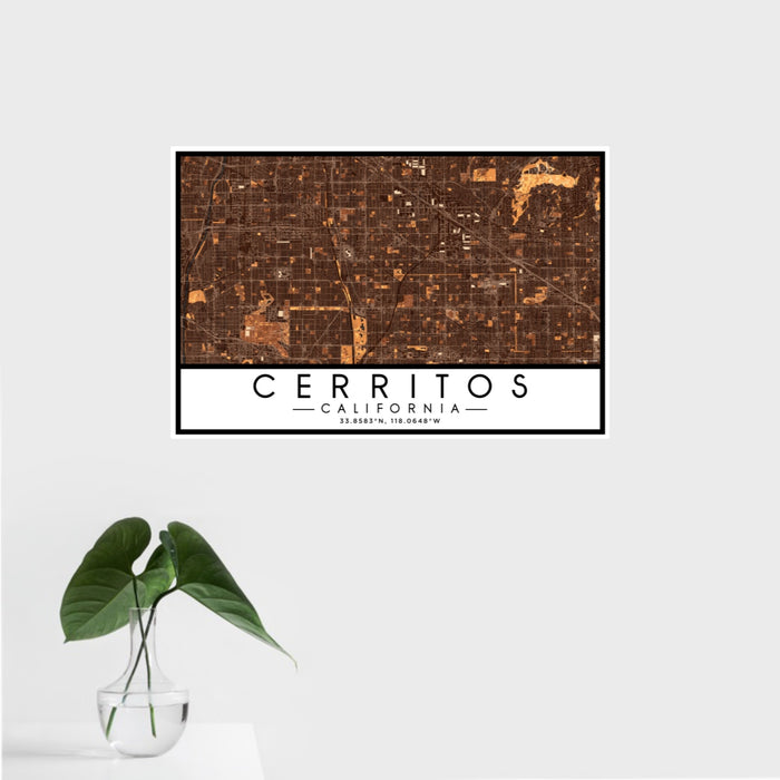 16x24 Cerritos California Map Print Landscape Orientation in Ember Style With Tropical Plant Leaves in Water