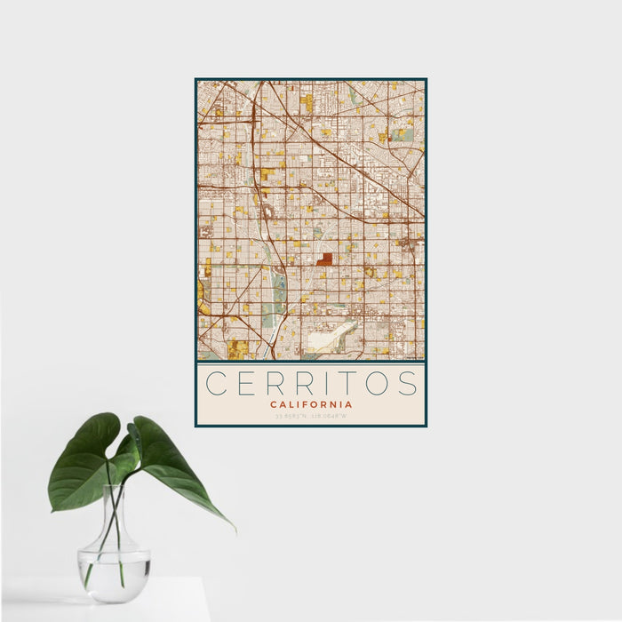 16x24 Cerritos California Map Print Portrait Orientation in Woodblock Style With Tropical Plant Leaves in Water