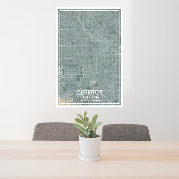 24x36 Cerritos California Map Print Portrait Orientation in Afternoon Style Behind 2 Chairs Table and Potted Plant