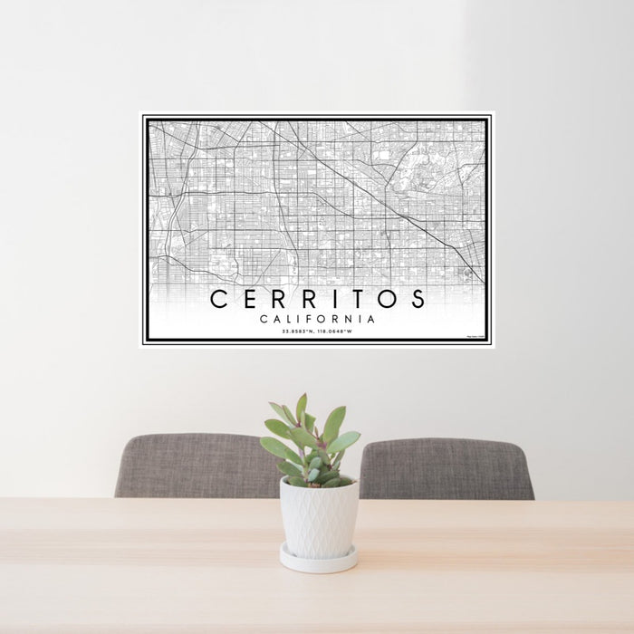 24x36 Cerritos California Map Print Lanscape Orientation in Classic Style Behind 2 Chairs Table and Potted Plant