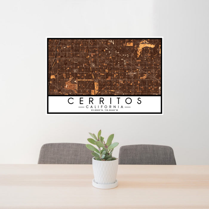 24x36 Cerritos California Map Print Lanscape Orientation in Ember Style Behind 2 Chairs Table and Potted Plant