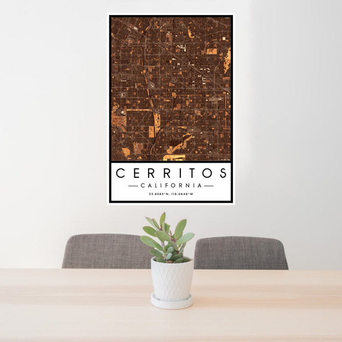 24x36 Cerritos California Map Print Portrait Orientation in Ember Style Behind 2 Chairs Table and Potted Plant