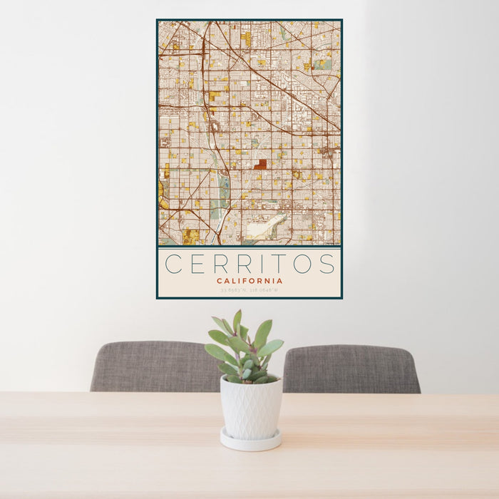 24x36 Cerritos California Map Print Portrait Orientation in Woodblock Style Behind 2 Chairs Table and Potted Plant