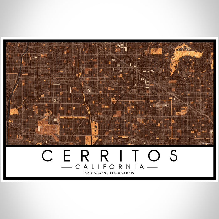 Cerritos California Map Print Landscape Orientation in Ember Style With Shaded Background