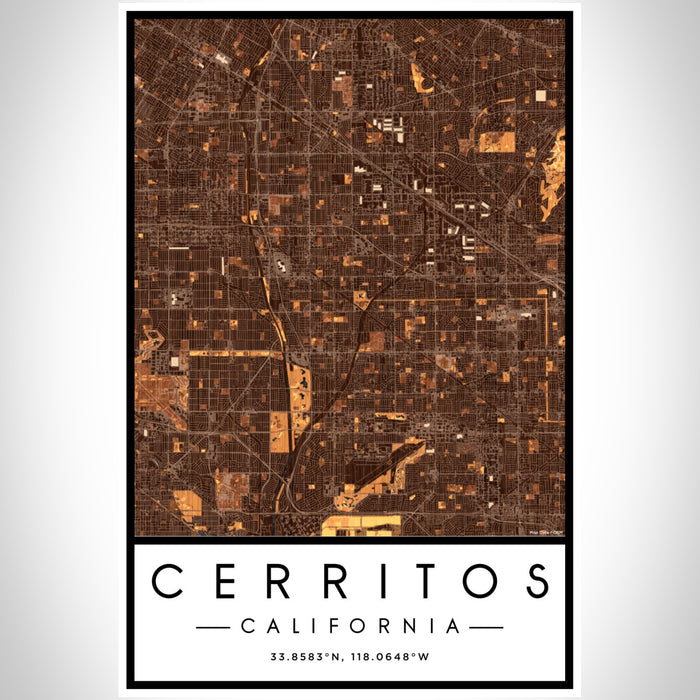 Cerritos California Map Print Portrait Orientation in Ember Style With Shaded Background