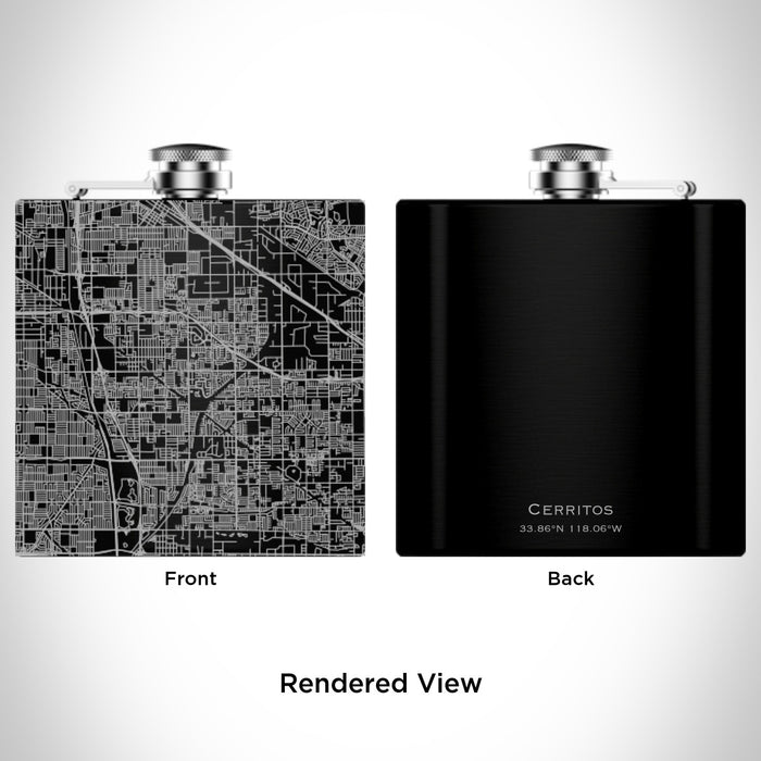 Rendered View of Cerritos California Map Engraving on 6oz Stainless Steel Flask in Black