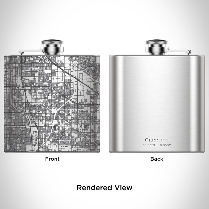 Rendered View of Cerritos California Map Engraving on 6oz Stainless Steel Flask
