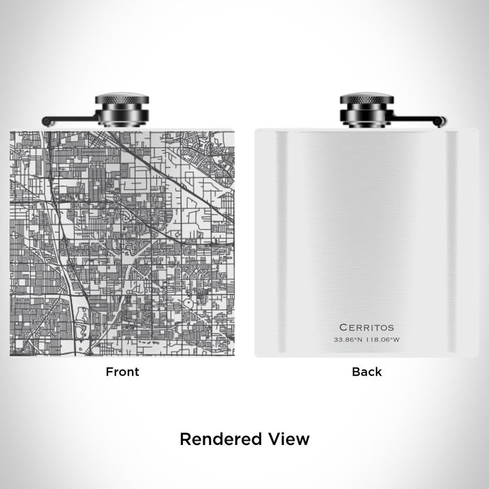 Rendered View of Cerritos California Map Engraving on 6oz Stainless Steel Flask in White