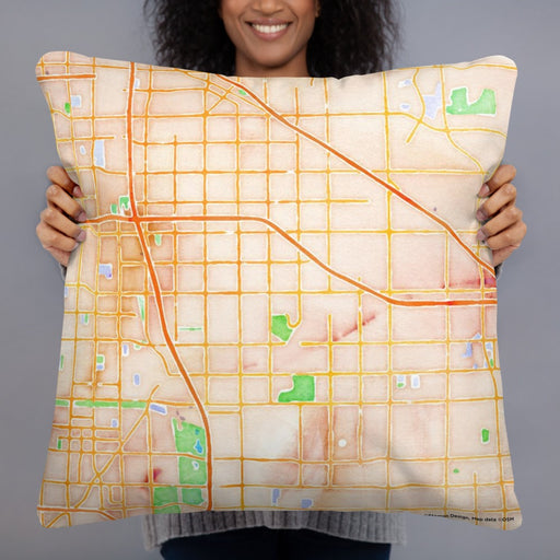 Person holding 22x22 Custom Cerritos California Map Throw Pillow in Watercolor