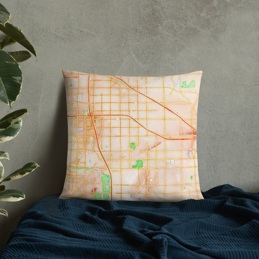 Custom Cerritos California Map Throw Pillow in Watercolor on Bedding Against Wall