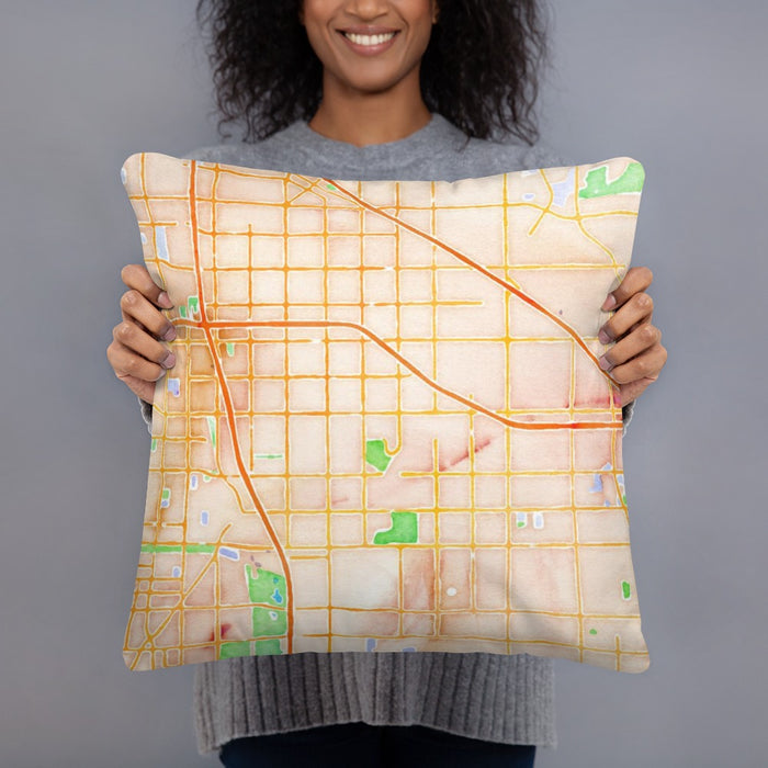 Person holding 18x18 Custom Cerritos California Map Throw Pillow in Watercolor