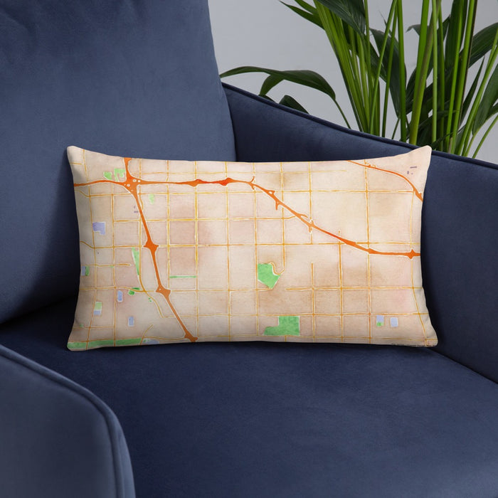 Custom Cerritos California Map Throw Pillow in Watercolor on Blue Colored Chair