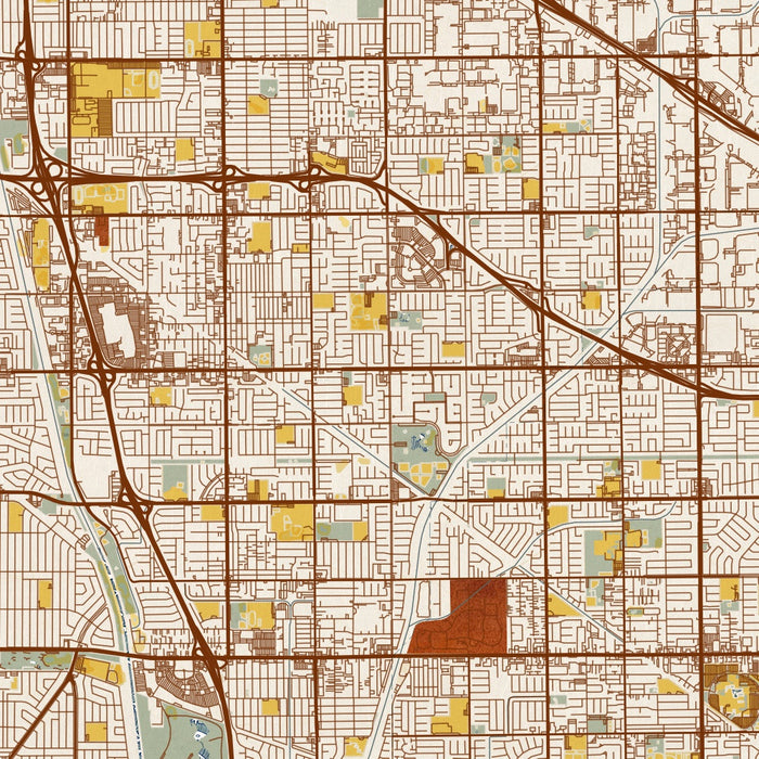 Cerritos California Map Print in Woodblock Style Zoomed In Close Up Showing Details