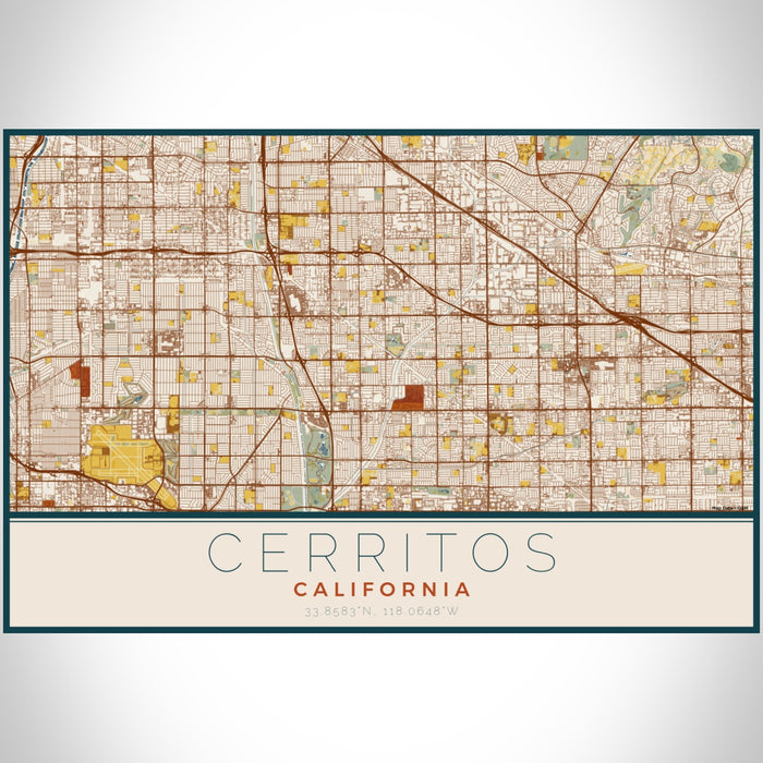 Cerritos California Map Print Landscape Orientation in Woodblock Style With Shaded Background