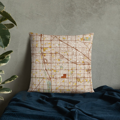 Custom Cerritos California Map Throw Pillow in Woodblock on Bedding Against Wall