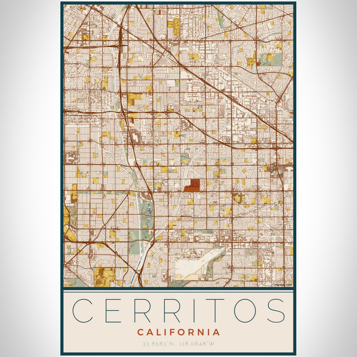Cerritos California Map Print Portrait Orientation in Woodblock Style With Shaded Background