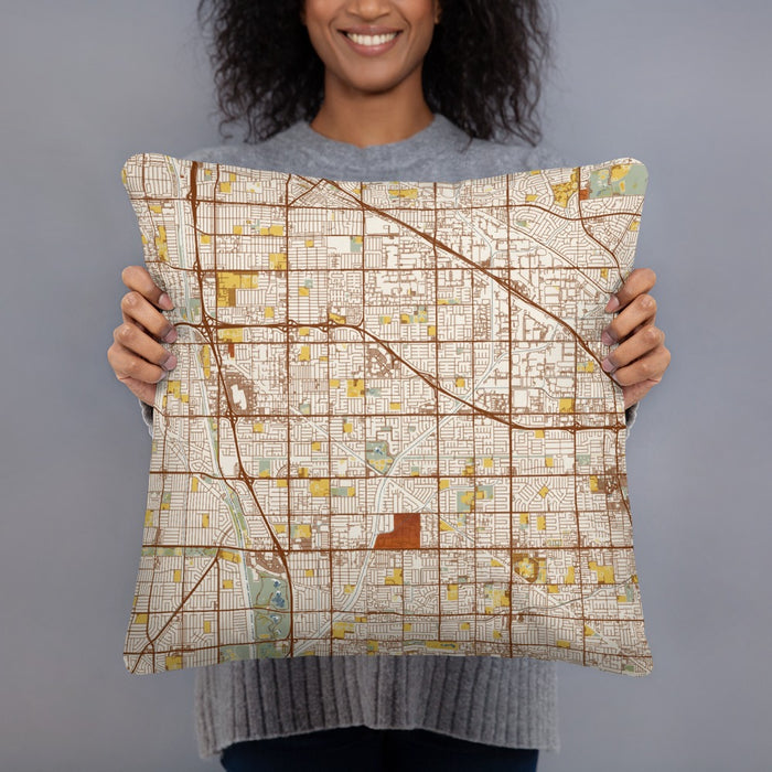 Person holding 18x18 Custom Cerritos California Map Throw Pillow in Woodblock