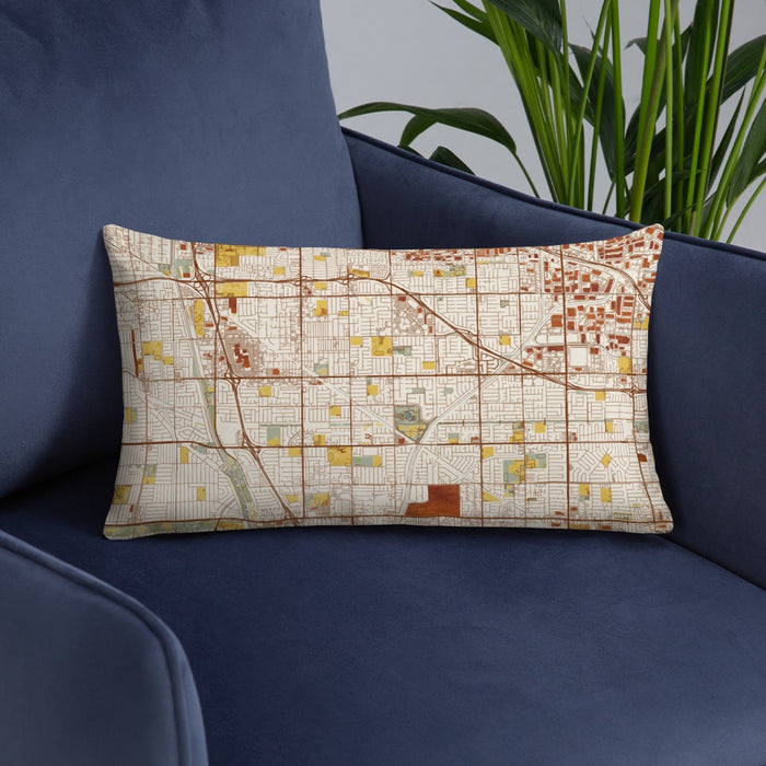 Custom Cerritos California Map Throw Pillow in Woodblock on Blue Colored Chair