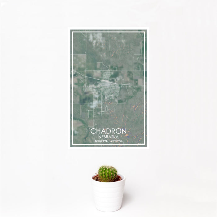 12x18 Chadron Nebraska Map Print Portrait Orientation in Afternoon Style With Small Cactus Plant in White Planter