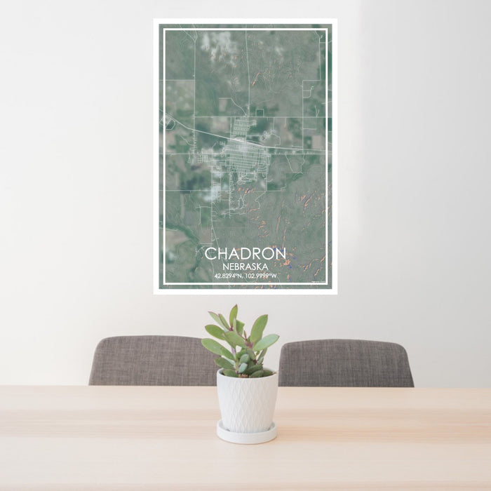 24x36 Chadron Nebraska Map Print Portrait Orientation in Afternoon Style Behind 2 Chairs Table and Potted Plant