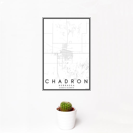 12x18 Chadron Nebraska Map Print Portrait Orientation in Classic Style With Small Cactus Plant in White Planter
