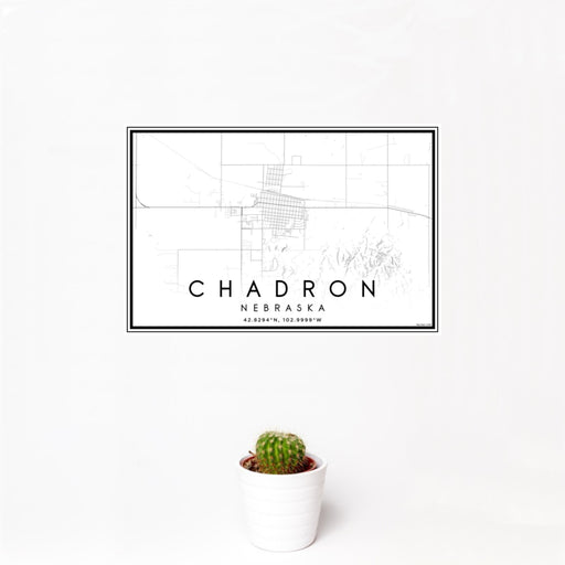 12x18 Chadron Nebraska Map Print Landscape Orientation in Classic Style With Small Cactus Plant in White Planter