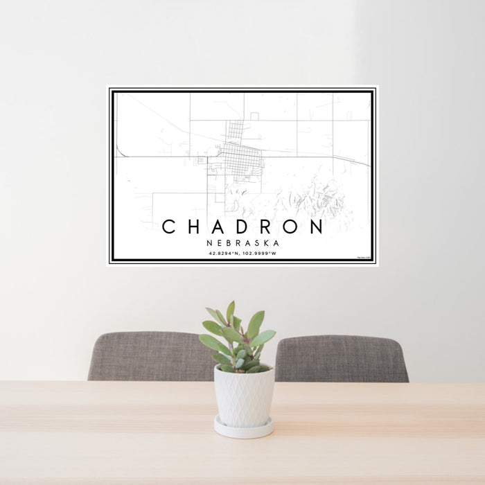 24x36 Chadron Nebraska Map Print Landscape Orientation in Classic Style Behind 2 Chairs Table and Potted Plant