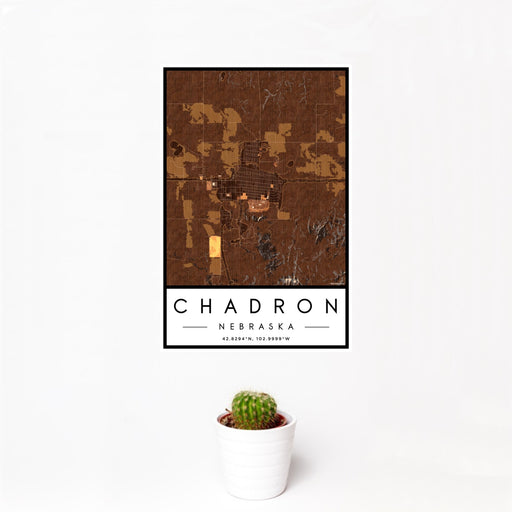 12x18 Chadron Nebraska Map Print Portrait Orientation in Ember Style With Small Cactus Plant in White Planter