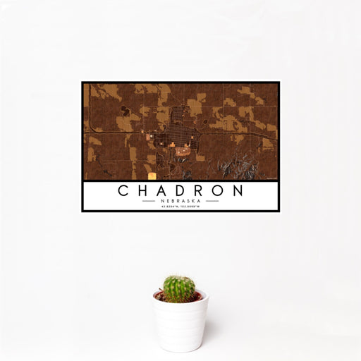 12x18 Chadron Nebraska Map Print Landscape Orientation in Ember Style With Small Cactus Plant in White Planter