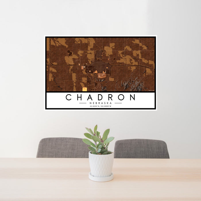 24x36 Chadron Nebraska Map Print Landscape Orientation in Ember Style Behind 2 Chairs Table and Potted Plant