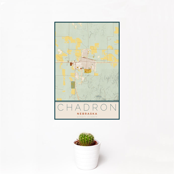 12x18 Chadron Nebraska Map Print Portrait Orientation in Woodblock Style With Small Cactus Plant in White Planter