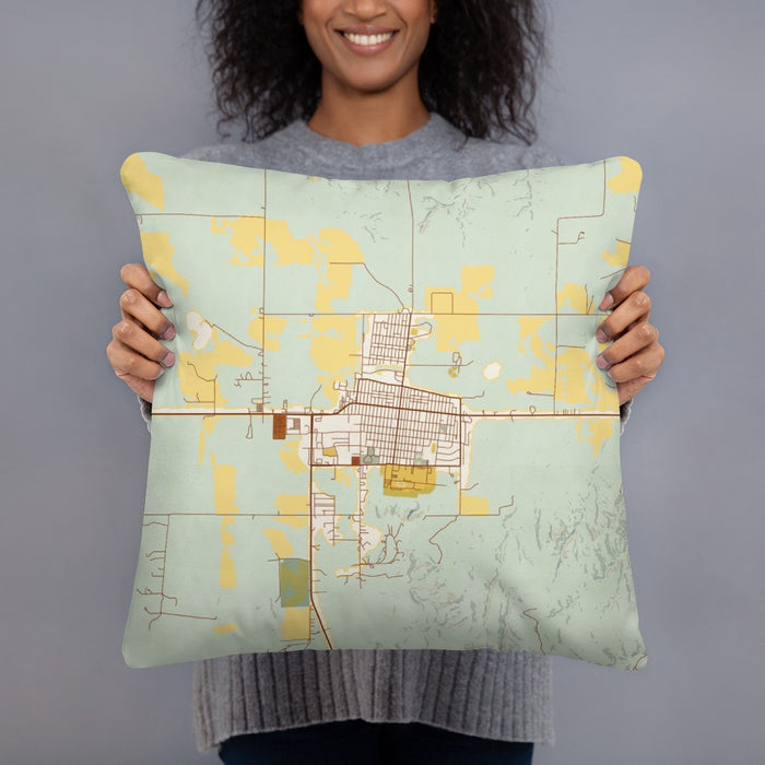 Person holding 18x18 Custom Chadron Nebraska Map Throw Pillow in Woodblock