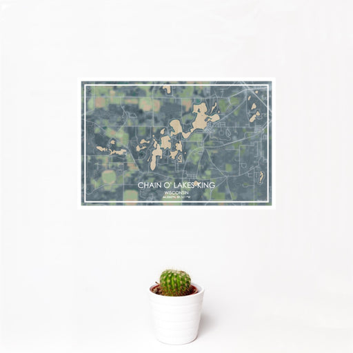 12x18 Chain O' Lakes-King Wisconsin Map Print Landscape Orientation in Afternoon Style With Small Cactus Plant in White Planter