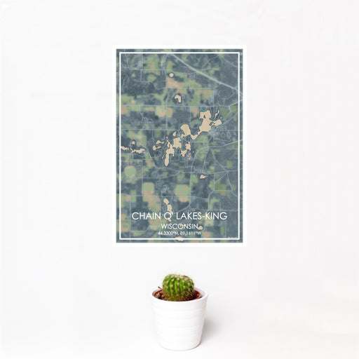 12x18 Chain O' Lakes-King Wisconsin Map Print Portrait Orientation in Afternoon Style With Small Cactus Plant in White Planter